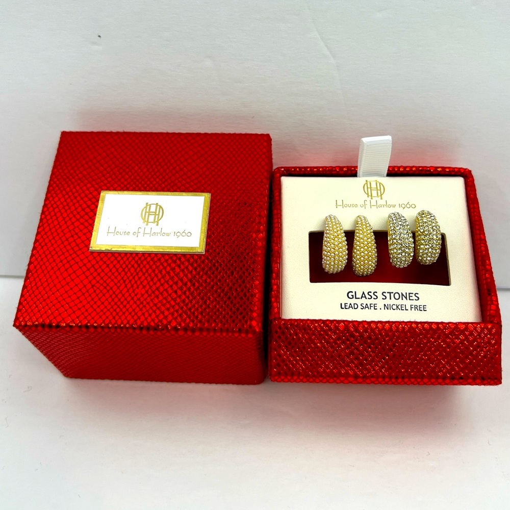 HOUSE OF HARLOW 1960, 4 HOOP EARRINGS, ONE W/CRYSTALS & ONE W/PEARLS, GOLD COLOR